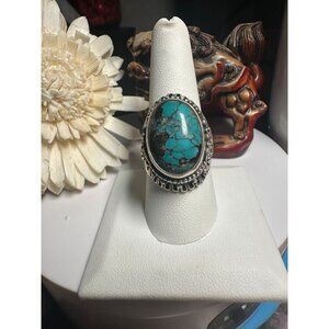Sterling Silver Turquoise Oval Ring - ADJUSTABLE